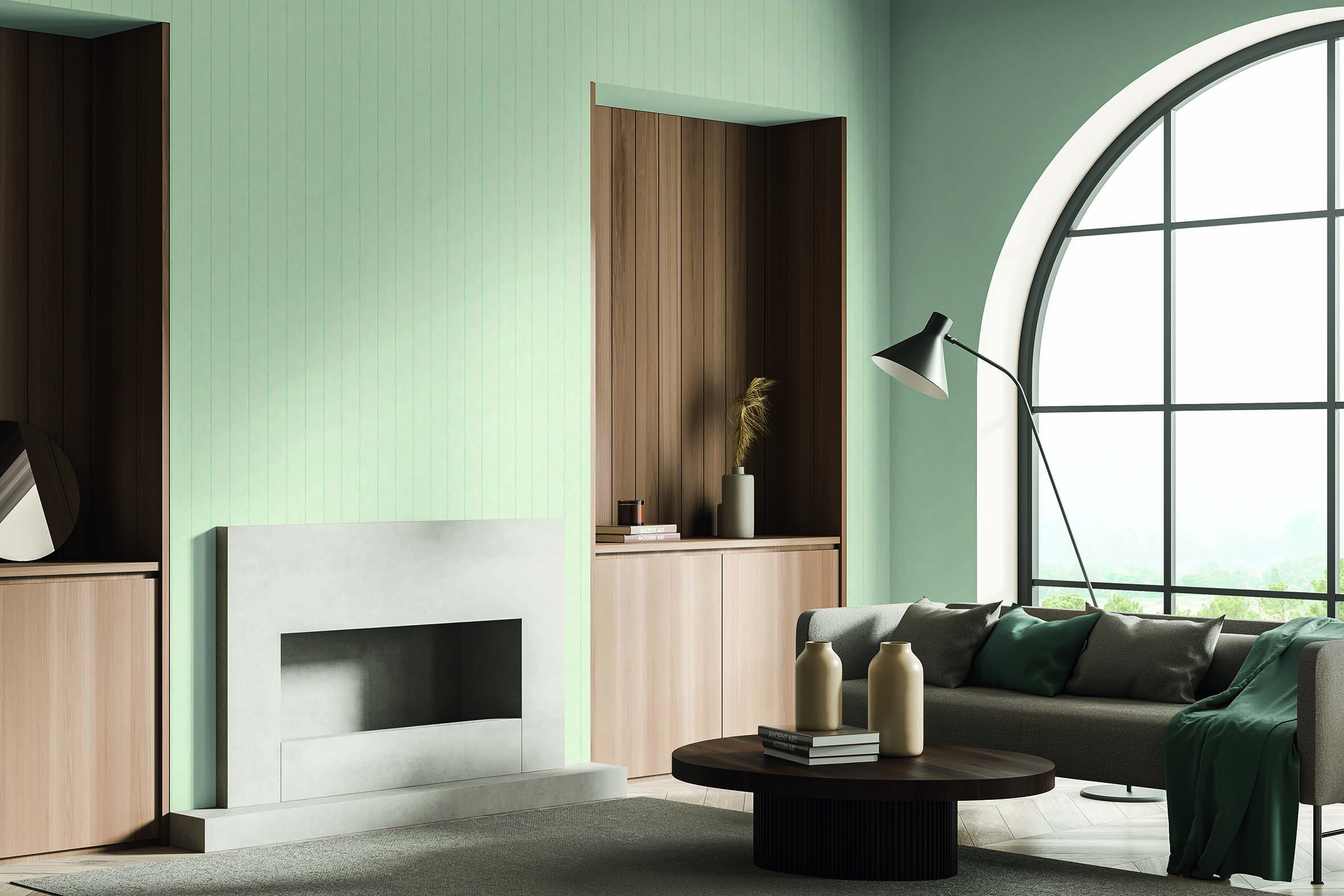 Mock,Up,Canvas,Over,Fireplace,,Two,Niches,,Arch,Window,,Minimalist