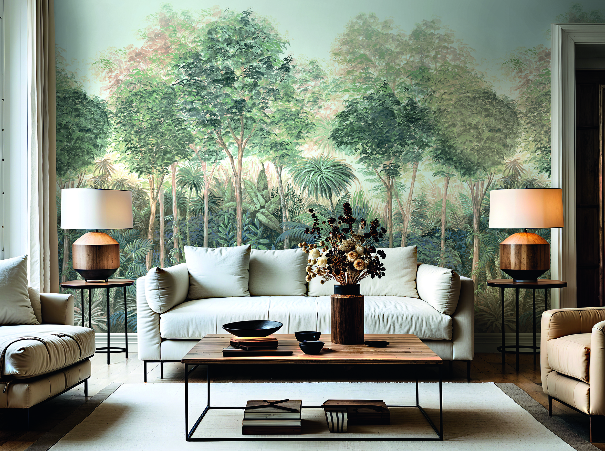 Wohnzimmer mit großformatiger Waldtapete der CASA VITA Kollektion, hellen Möbeln und mediterraner Wohlfühlatmosphäre